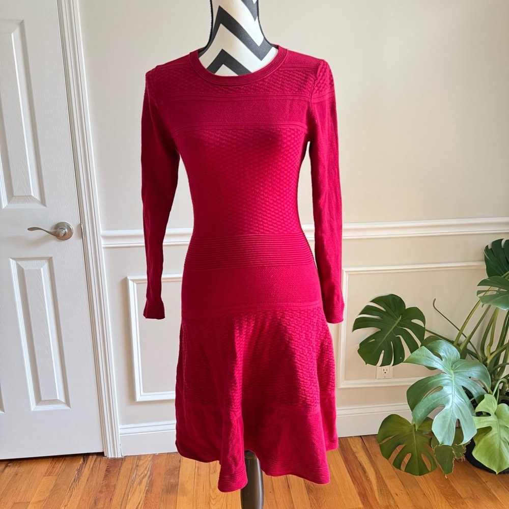 SANDRO Red Knit Long Sleeve Holiday Midi Dress Christmas size Medium - Picture 5 of 7